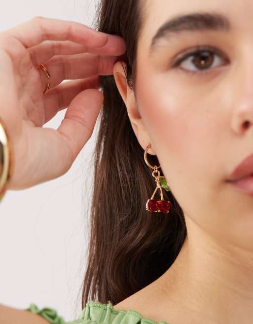 Reclaimed Vintage gold hoop earrings with cherry charms ASOS