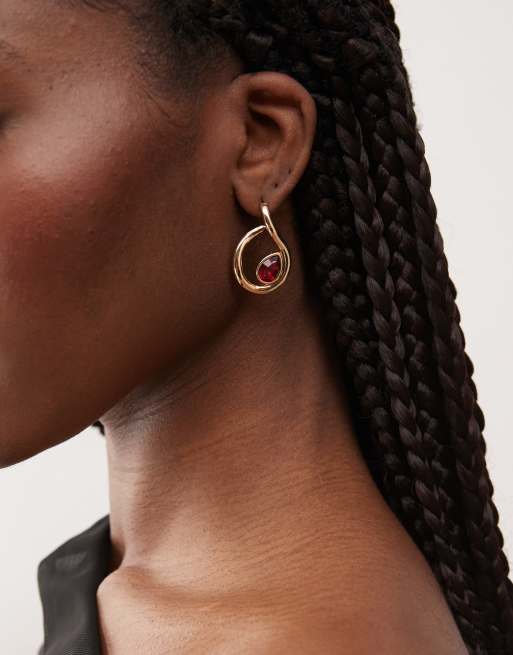 Reclaimed Vintage gold hoops with red faux stone