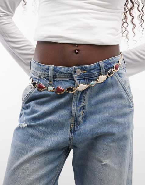 Reclaimed Vintage gold molten belly chain with faux semi-precious stones - view 1
