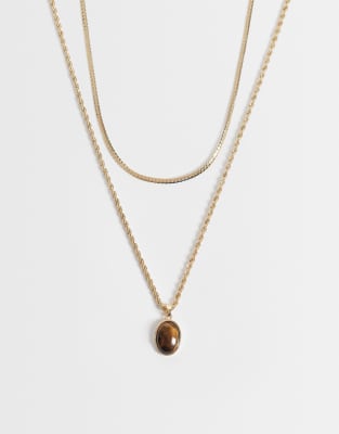 Reclaimed Vintage Gold Neck Chain And Pendant With Semi Precious Tigers Eye Stone