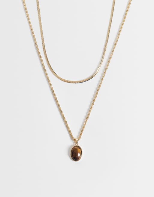 Reclaimed Vintage goldfarbene Halskette mit Anhänger und Tigerauge-Stein, 1 von 4