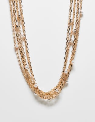 Reclaimed Vintage - Goldfarbene, mehrlagige Unisex-Halskette mit Perlen