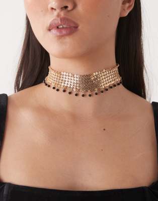 Reclaimed Vintage - Goldfarbenes Choker-Halsband aus Kettenstoff mit Perlen