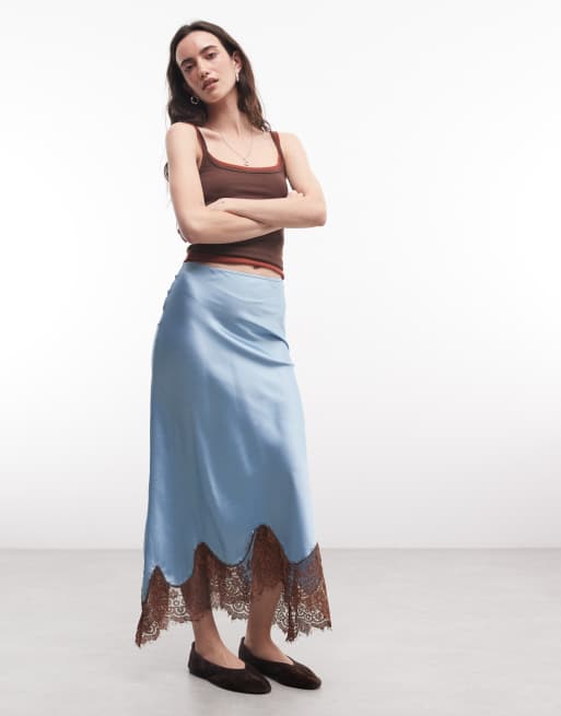 Reclaimed Vintage gonna asimmetrica con pizzo blu e marrone