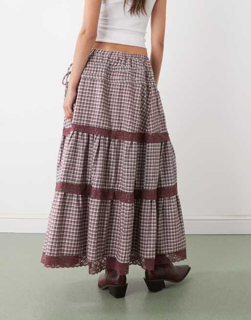 Reclaimed Vintage - Gonna lunga stile western con finiture in pizzo a quadri, 3 di 5