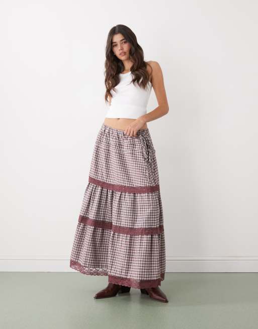 Reclaimed Vintage - Gonna lunga stile western con finiture in pizzo a quadri, 5 di 5
