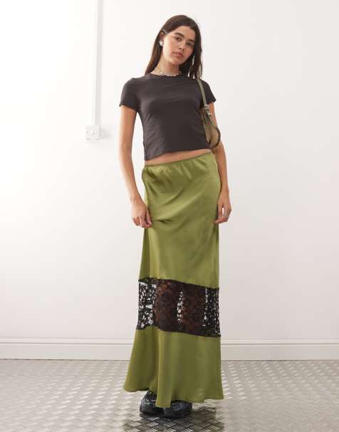 Reclaimed Vintage - Gonna midi in raso verde oliva con inserto in pizzo - view 1