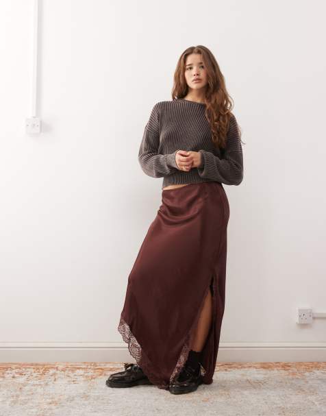 Reclaimed Vintage - Gonna midi marrone cioccolato con fondo asimmetrico in pizzo - view 1