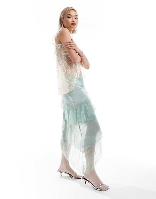 Reclaimed Vintage - Gonna midi stile sottoveste verde menta con pizzo e volant in edizione limitata