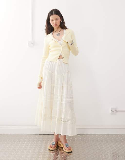 Reclaimed Vintage - Gonna midi stile western a balze bianco antico
