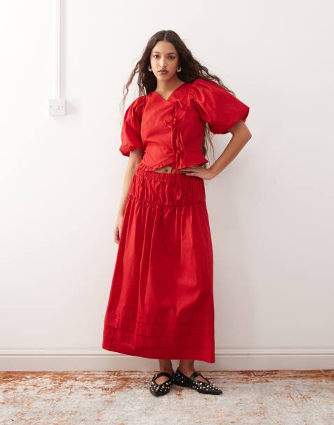 Reclaimed Vintage - Gonna midi western stile cowgirl in cotone rosso con pinces in coordinato - view 1