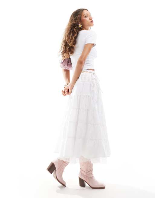 Reclaimed Vintage - Gonna western midi stile cowgirl bianca con pizzo sul fondo