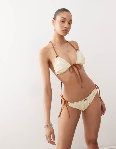 Reclaimed Vintage – Gräddvit och brun bikini med volang - view 1