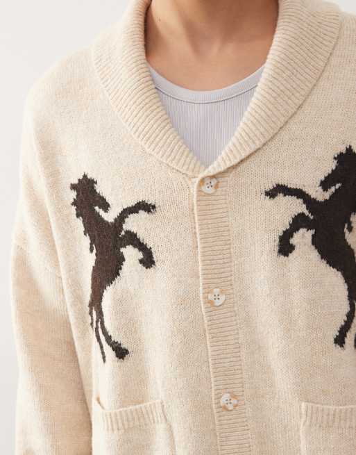Reclaimed Vintage – Gräddvit, stickad kofta med hästmotiv och grov krage , 5 av 5