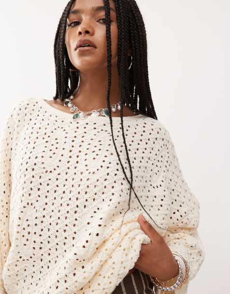 Reclaimed Vintage – Gräddvit, virkad poncho - view 1