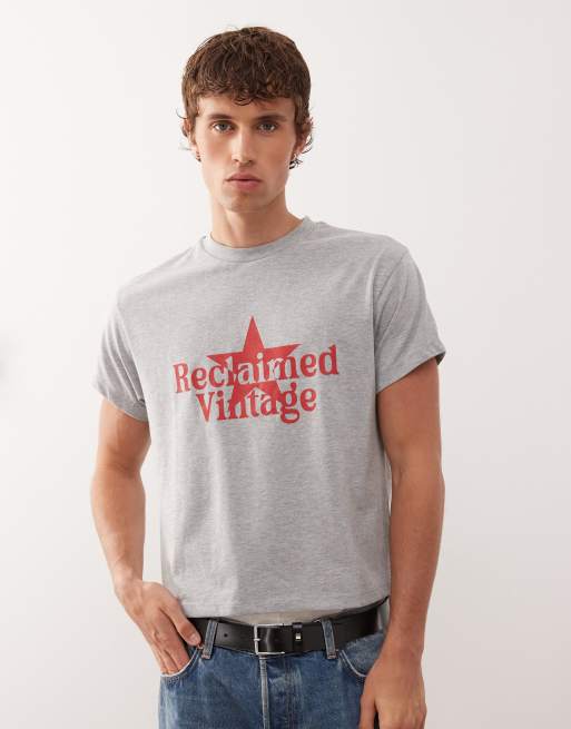 Reclaimed Vintage - Gråmeleret og smal T-shirt med cropped snit med firkantet pasform og brandinggrafik