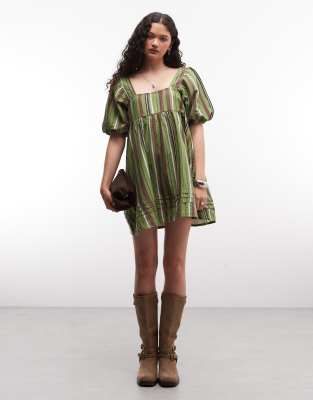 Reclaimed Vintage Green Stripe Linen Blend Smock Dress