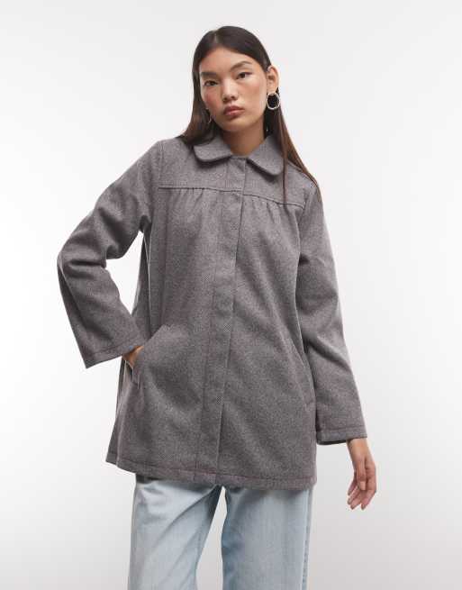 Reclaimed Vintage grey pinstripe femme peter pan collar midi mac jacket, 2 of 4