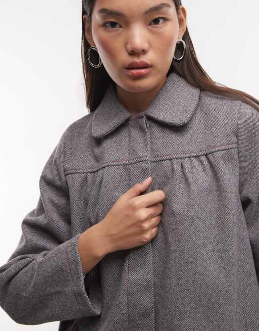Reclaimed Vintage grey pinstripe femme peter pan collar midi mac jacket, 3 of 4