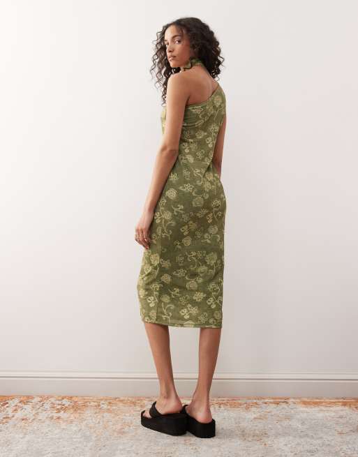 Reclaimed Vintage - Grøn oneshoulder-midikjole med tørklædedetalje og print, 3 af 4