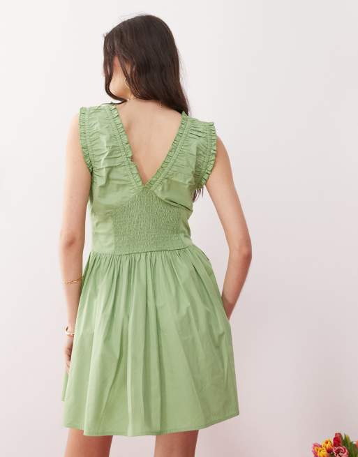 Reclaimed Vintage summer dress with ruched detailing and cinched in waist in green