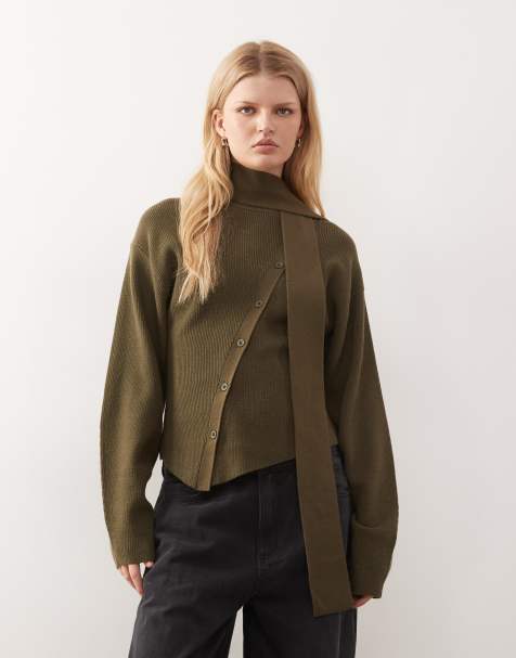 Reclaimed Vintage - Grøn strikket trøje med asymmetriske knapper og matchende halstørklæde - view 1