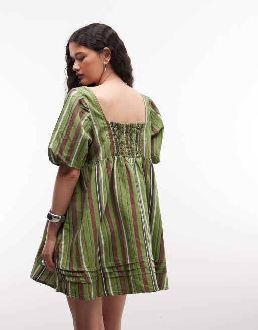 Reclaimed Vintage - Grønstribet kjole i hørblanding med smock, 2 af 4