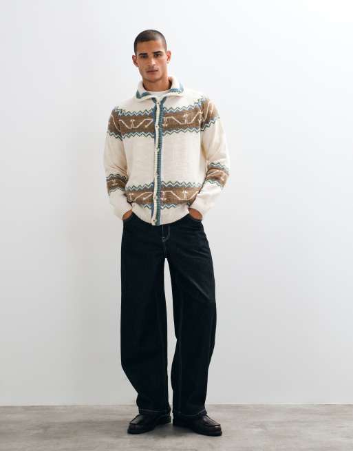 Reclaimed Vintage grob gestrickte Strickjacke mit Norwegermuster in Cremeweiß und Blau, 2 von 5