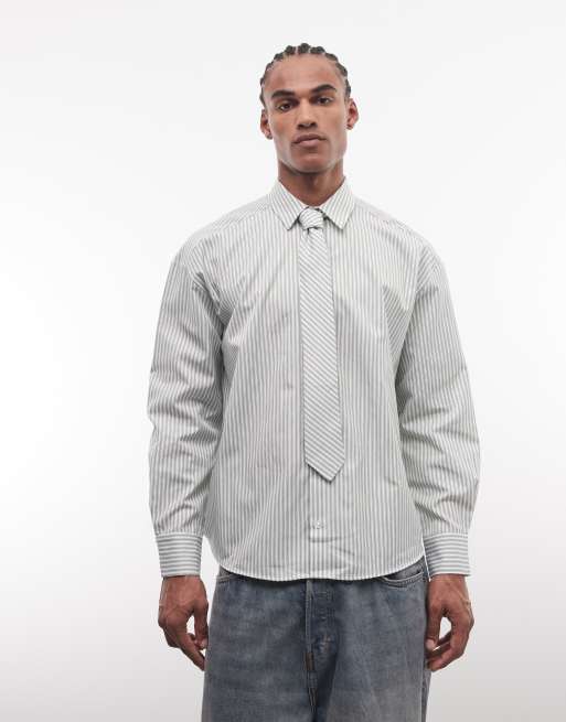 Reclaimed Vintage – Grön, kritstrecksrandig skjorta i oversize med slips