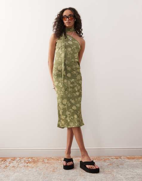 Reclaimed Vintage – Grön, mönstrad, enaxlad midiklänning med sjaldetalj - view 1