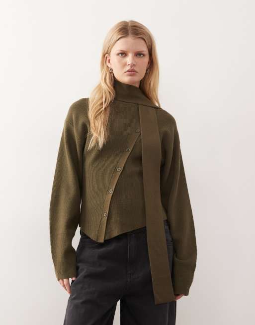 Reclaimed Vintage – Grön, stickad tröja med asymmetriska knappar och matchande scarf