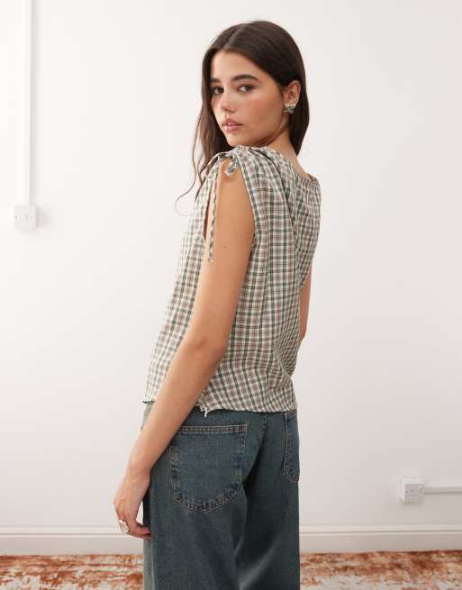 Reclaimed Vintage – Grönrutig topp med justerbar rynkning vid axlarna och i sidan, 4 av 4