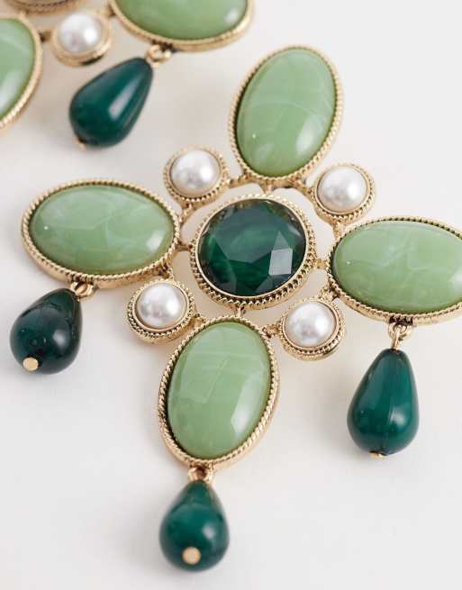  Reclaimed Vintage - Grote statement oorbellen met groene imitatie siersteentjes, 3 van 4