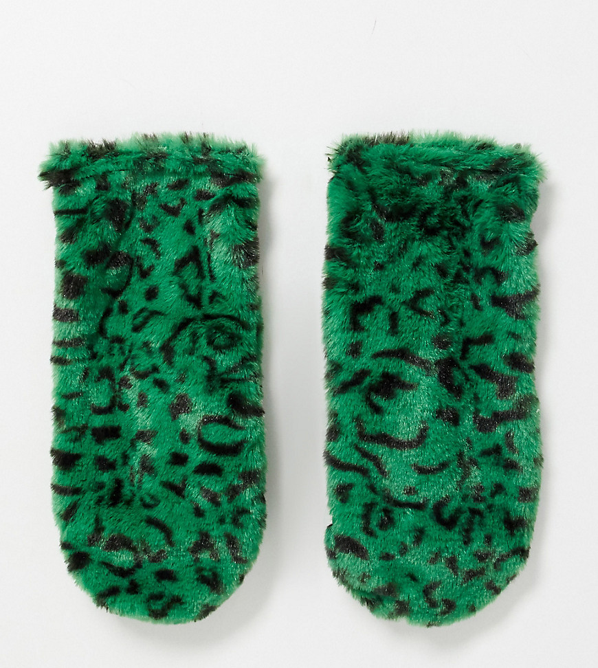 Reclaimed Vintage - Guanti in ecopelliccia verdi leopardati-Verde