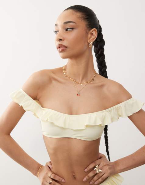 Reclaimed Vintage – Gul bikiniöverdel i off shoulder-design med volang - view 1