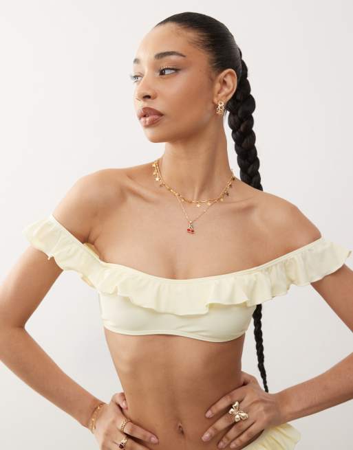 Reclaimed Vintage – Gul bikiniöverdel i off shoulder-design med volang