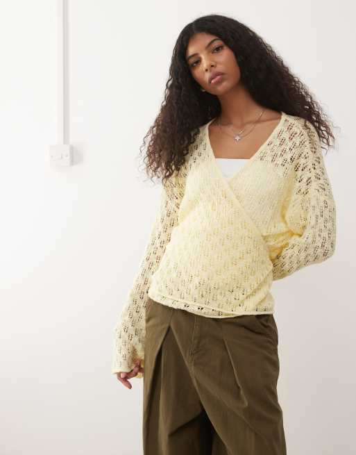 Reclaimed Vintage - Gul slå-om-cardigan i pointelle