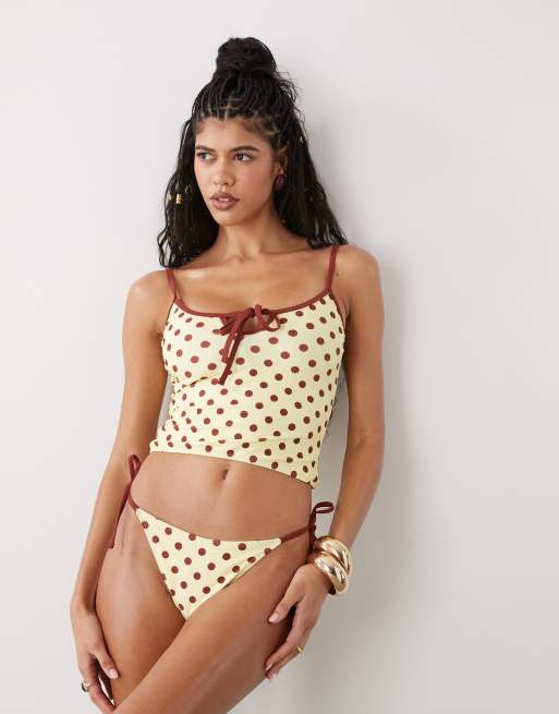 Reclaimed Vintage - Gul tankini med brune polkaprikker