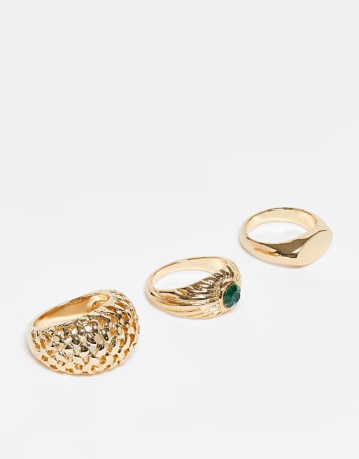 Reclaimed Vintage – Guldfärgade ringar med grön sten, 3-pack