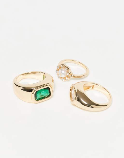 Reclaimed Vintage – Guldfärgade ringar med olika smyckesstenar i unisex-modell, 3-pack, 2 av 3