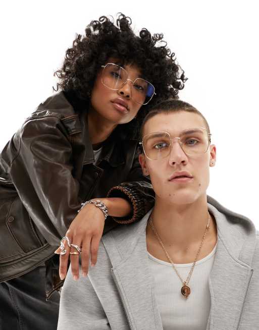 Reclaimed Vintage – Guldfärgade, stora glasögon med blåljusskydd i unisex-modell