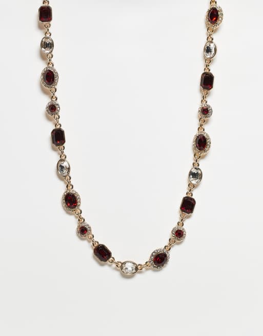 Reclaimed Vintage – Guldfärgat choker-halsband i unisex-modell med röd sten och strass