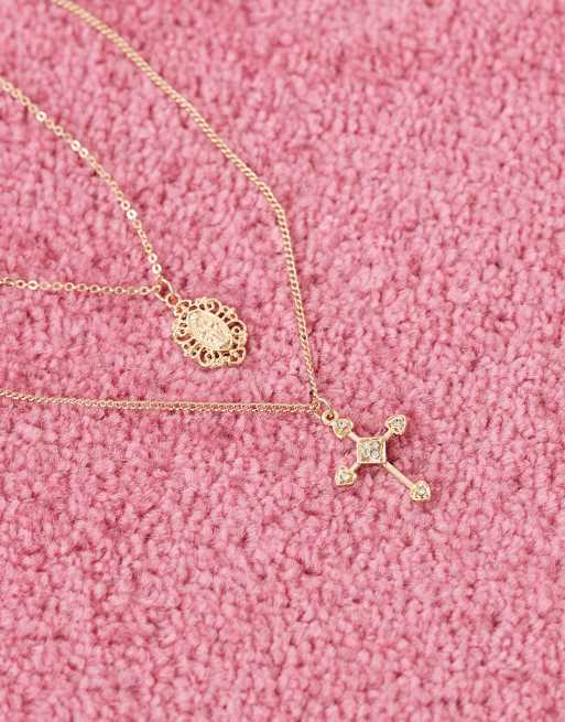 Reclaimed Vintage – Guldfärgat halsband i 2 rader med korshänge, 2 av 4