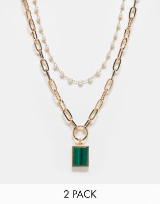 Reclaimed Vintage – Guldfärgat halsband i unisex-modell med 2 rader och smaragdgrön sten