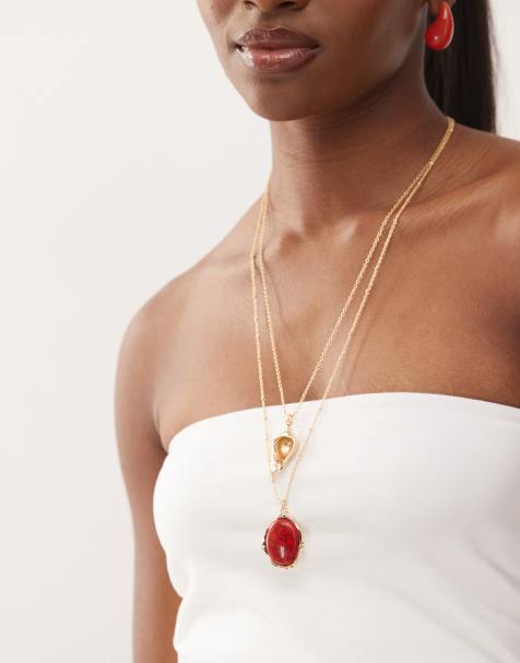 Reclaimed Vintage – Guldfärgat, långt halsband med 2 rader, snäcka och röd sten - view 1