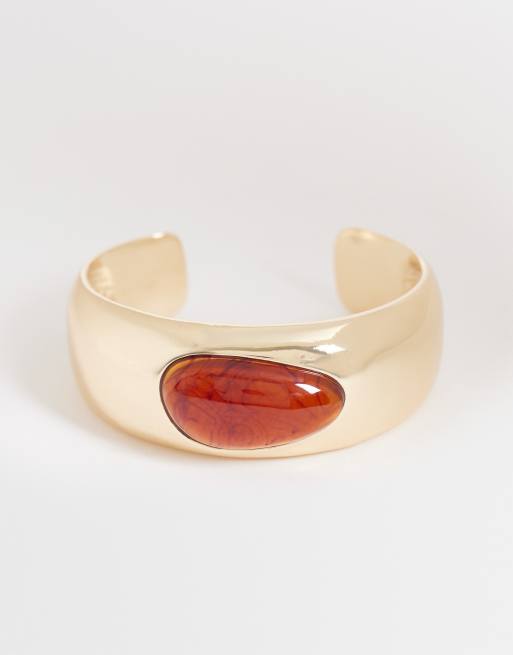 Reclaimed Vintage - Guldfarvet statement-armbånd med ravfarvet sten