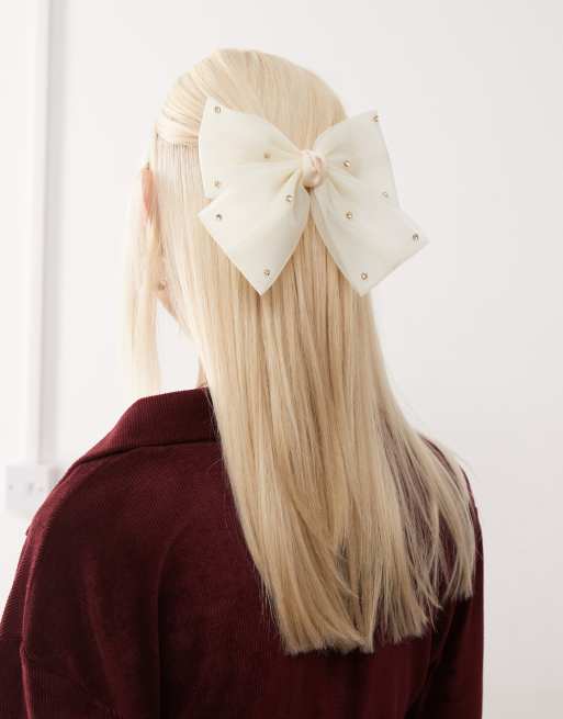 Reclaimed Vintage hair bow in cream tulle with diamante