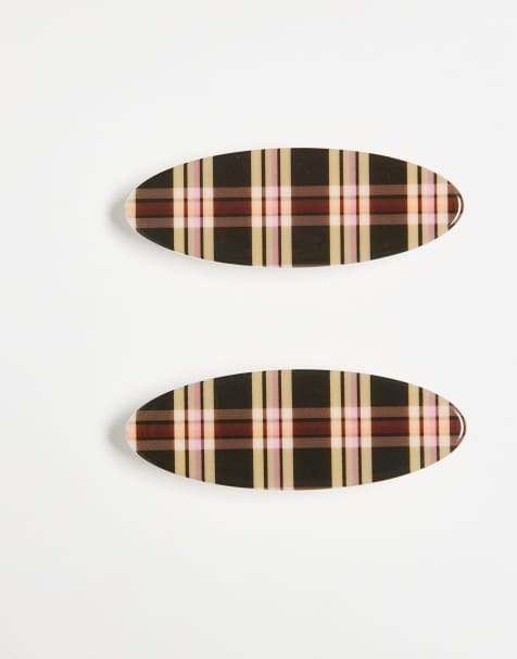 Reclaimed Vintage hair clip 2 pack in brown tartan print - view 1