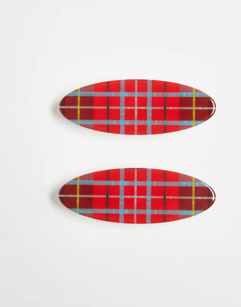 Reclaimed Vintage hair clips 2 pack in red plaid print - view 1