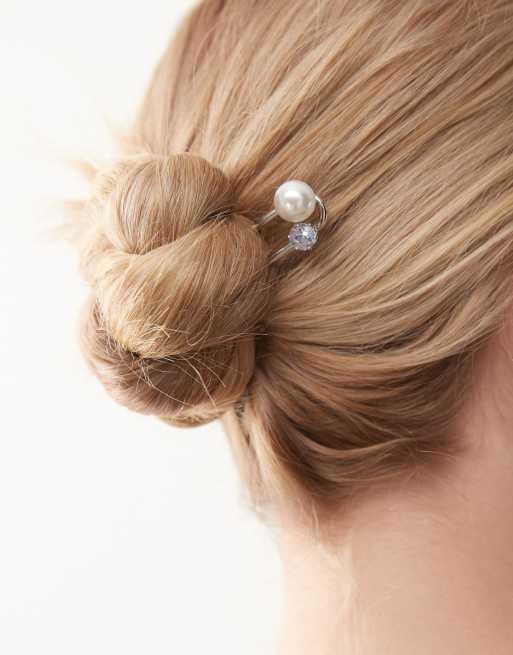 Reclaimed Vintage hair pin with pearl and diamante in silver